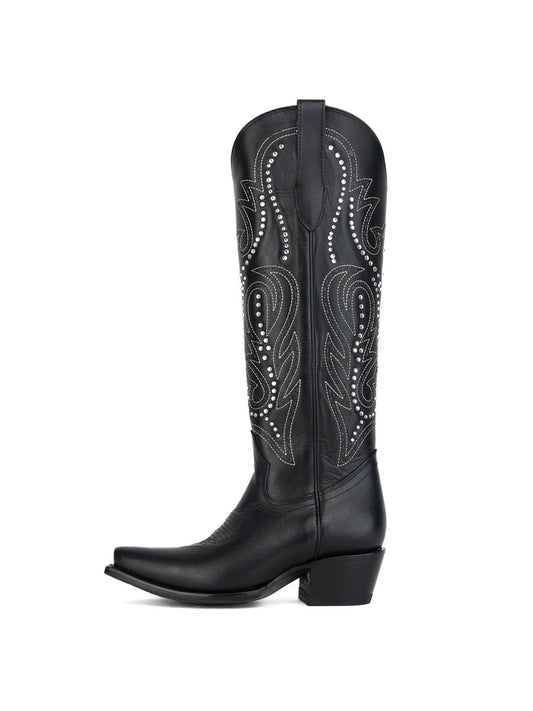 Black Snip-Toe Studs And Embroidery Half-Zip Knee High Cowgirl Boots