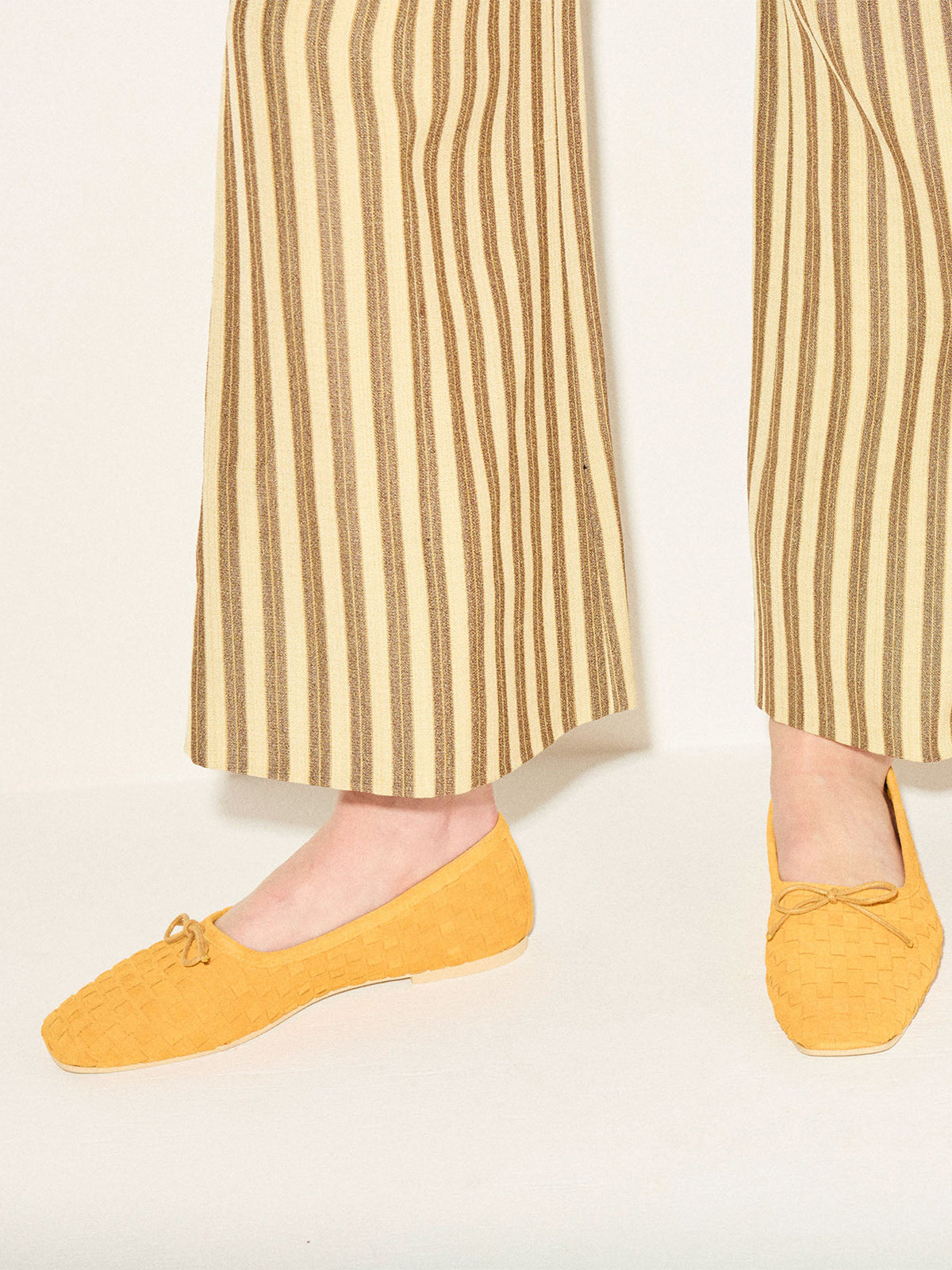Yellow Woven Faux Suede Square-Toe Front Bow Ballet Flats