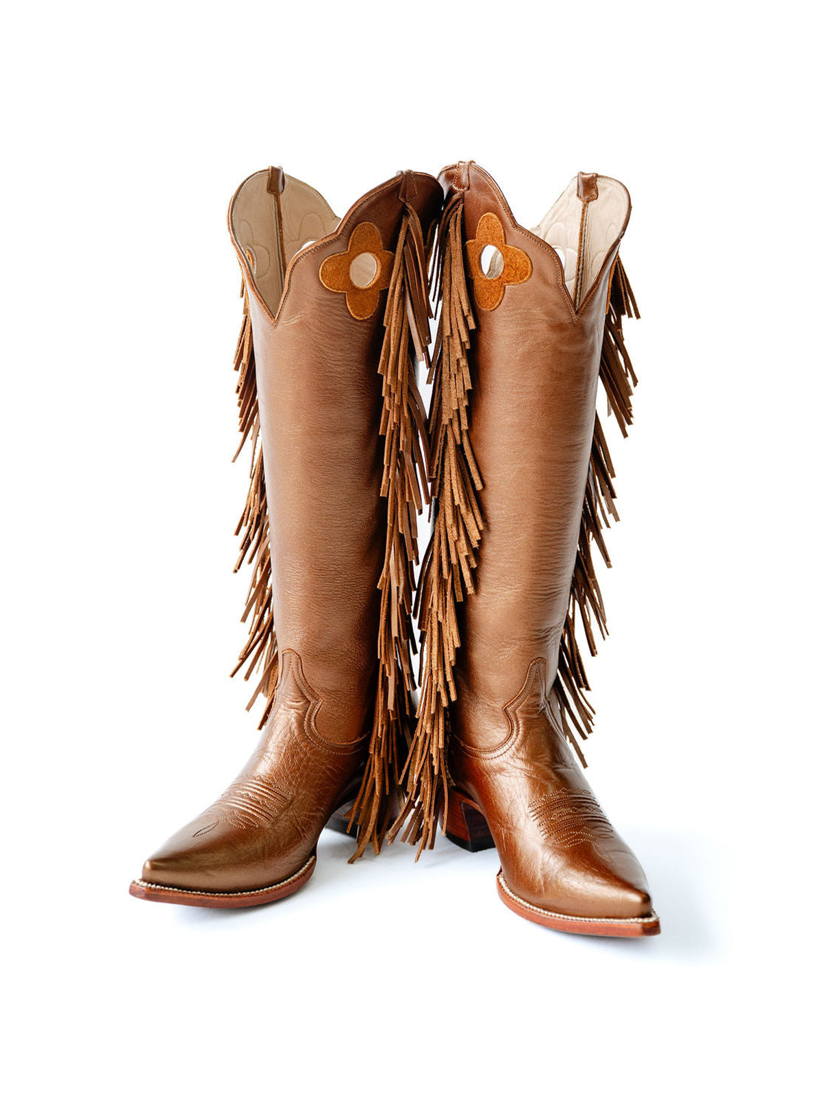 Bronze Pointed-Toe Side Fringes And Cutout Wide Calf Knee High Cowgirl Boots