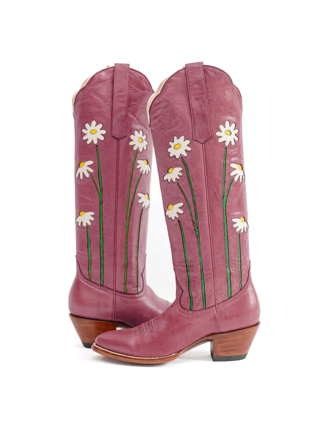 Magenta Almond-Toe Wide Calf Western Boots Knee High Tall Boots With Floral Inlay