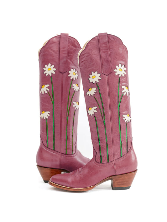 Magenta Almond-Toe Wide Calf Western Boots Knee High Tall Boots With Floral Inlay