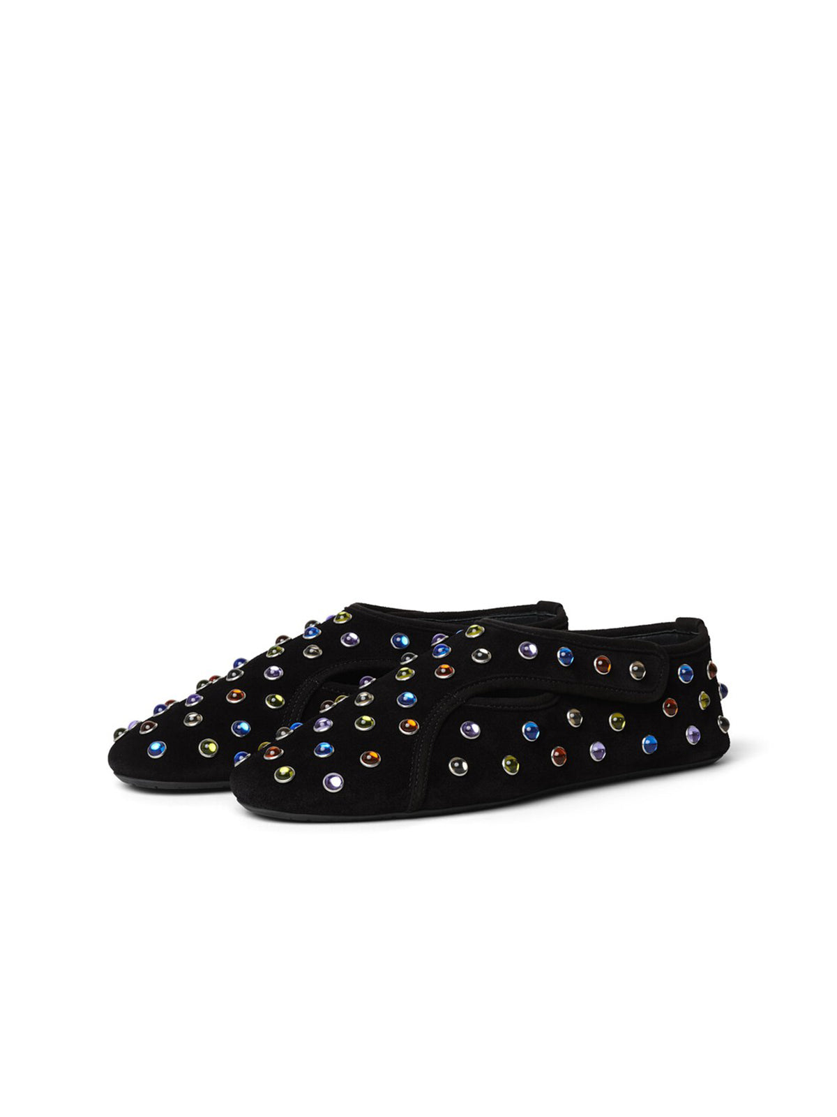 Black Faux Suede Round-Toe Ballet Flats With Colorful Beads