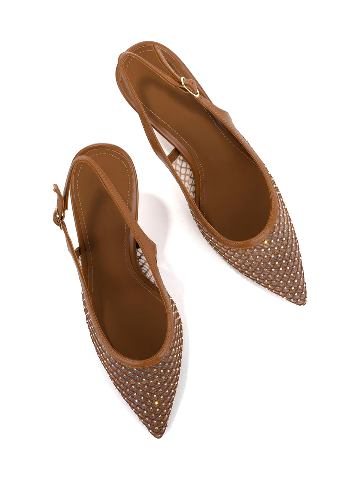 Brown Mesh With Rhinestones Pointed-Toe Back Strap High Heels