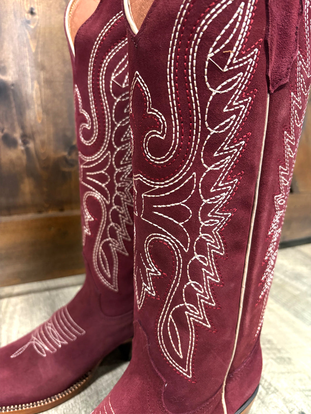 Burgundy Faux Suede Square-Toe Classic Embroidery Wide Calf Knee High Cowgirl Boots