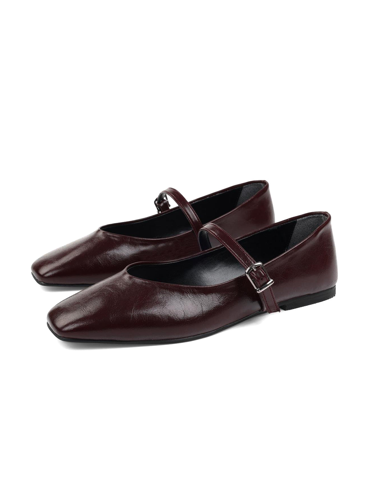 Burgundy Square-Toe Buckle Bridge Strap Stylish Ballet Flats