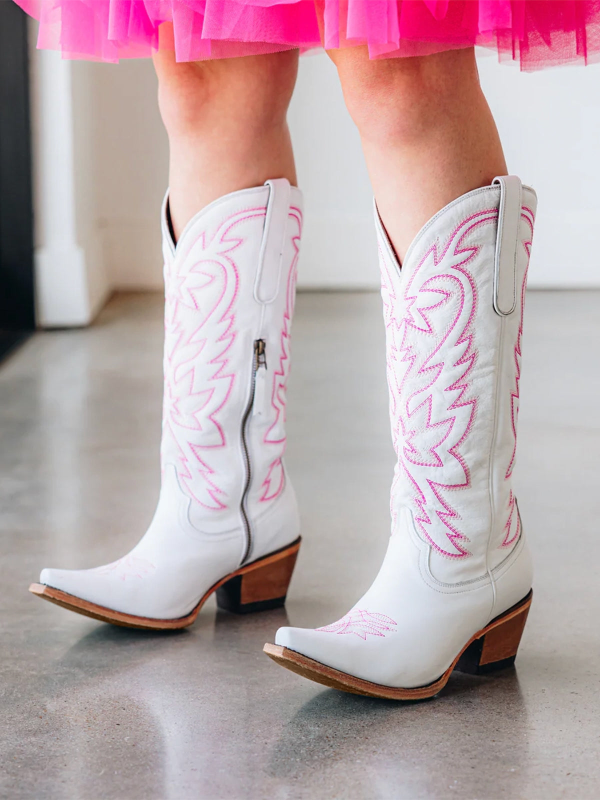 Western Snip-Toe Pink Embroidery Classic Knee High Half-Zip Cowgirl Boots - White