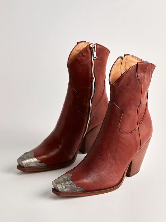 Metal Snip-Toe Full-Zip Classic Cowgirl Ankle Boots - Cherry Mahogany