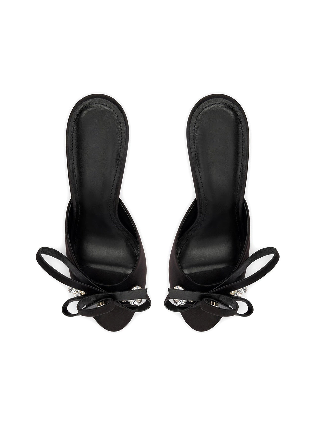 Black Satin Open Round-Toe Front Bow And Crystals High Heels