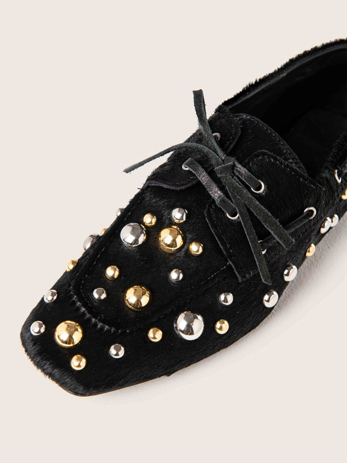 Black Pony Hair Vegan Leather Square-Toe Studs And Bow Flats