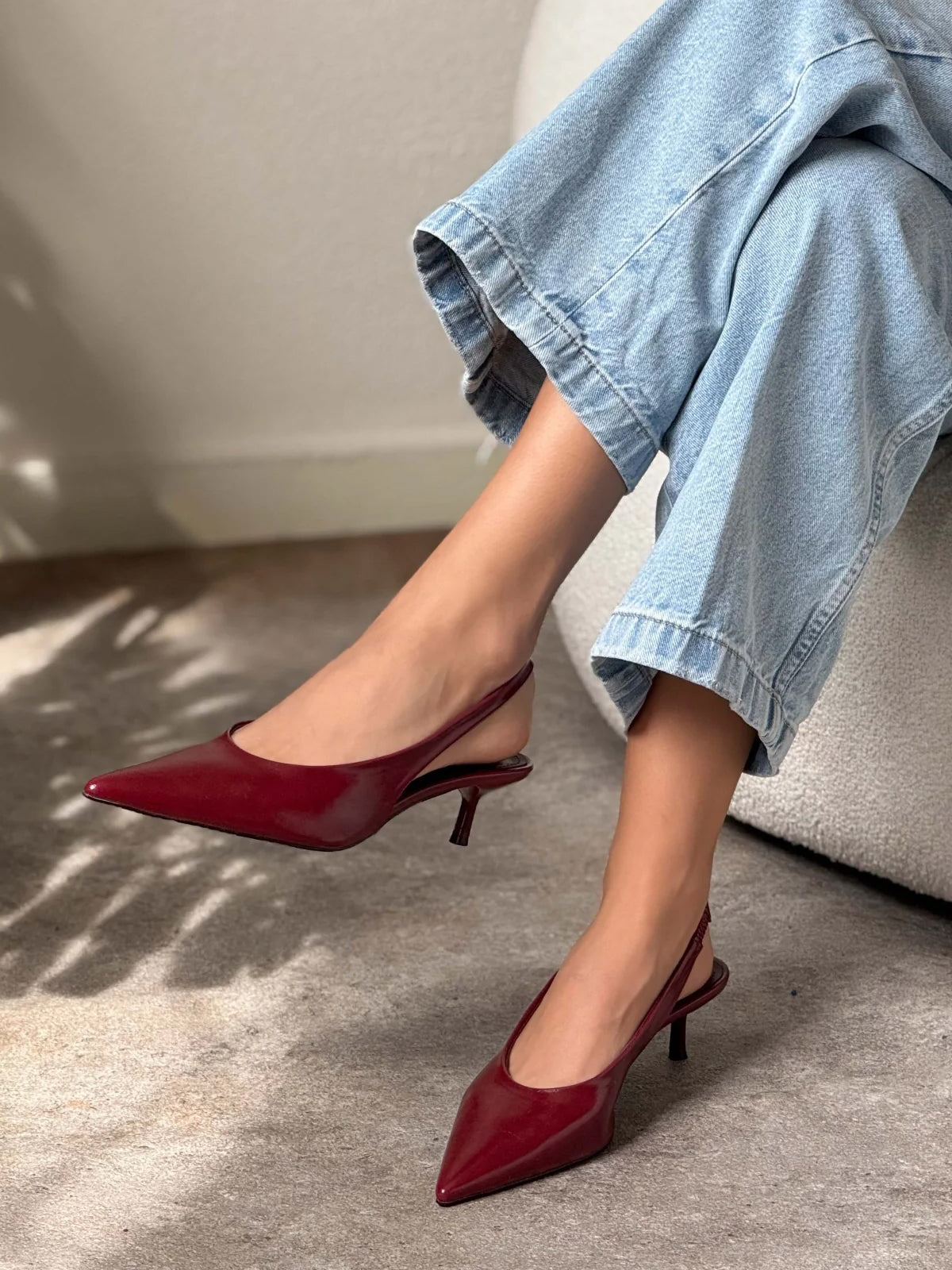 Slingback Pointed-Toe Kitten Heels - Burgundy