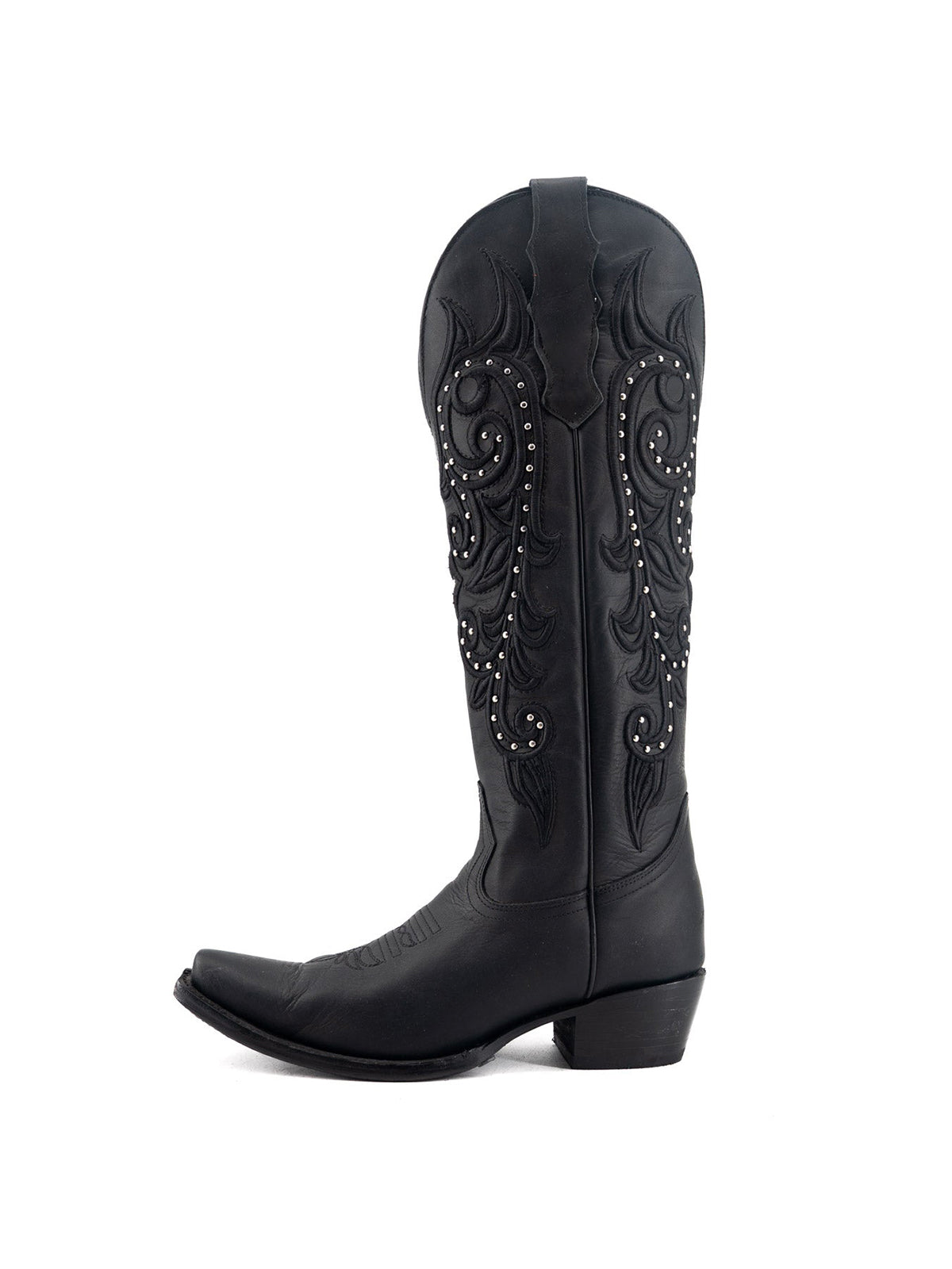 Snip-Toe Embroidery And Studs Half-Zip Knee High Cowgirl Boots For Woman - Black
