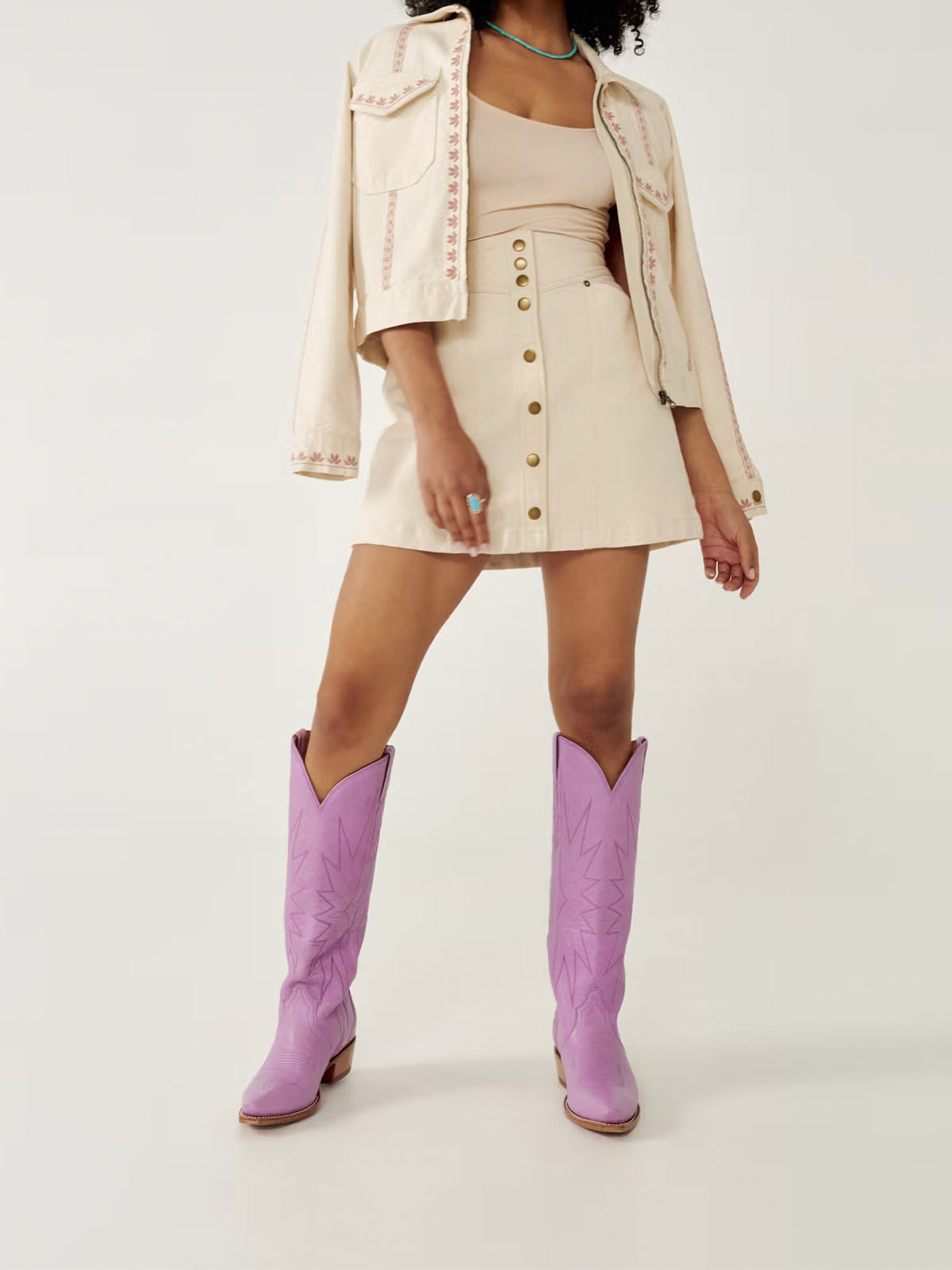 Light Purple Snip-Toe Embroidery Wide Calf Knee High Cowgirl Boots