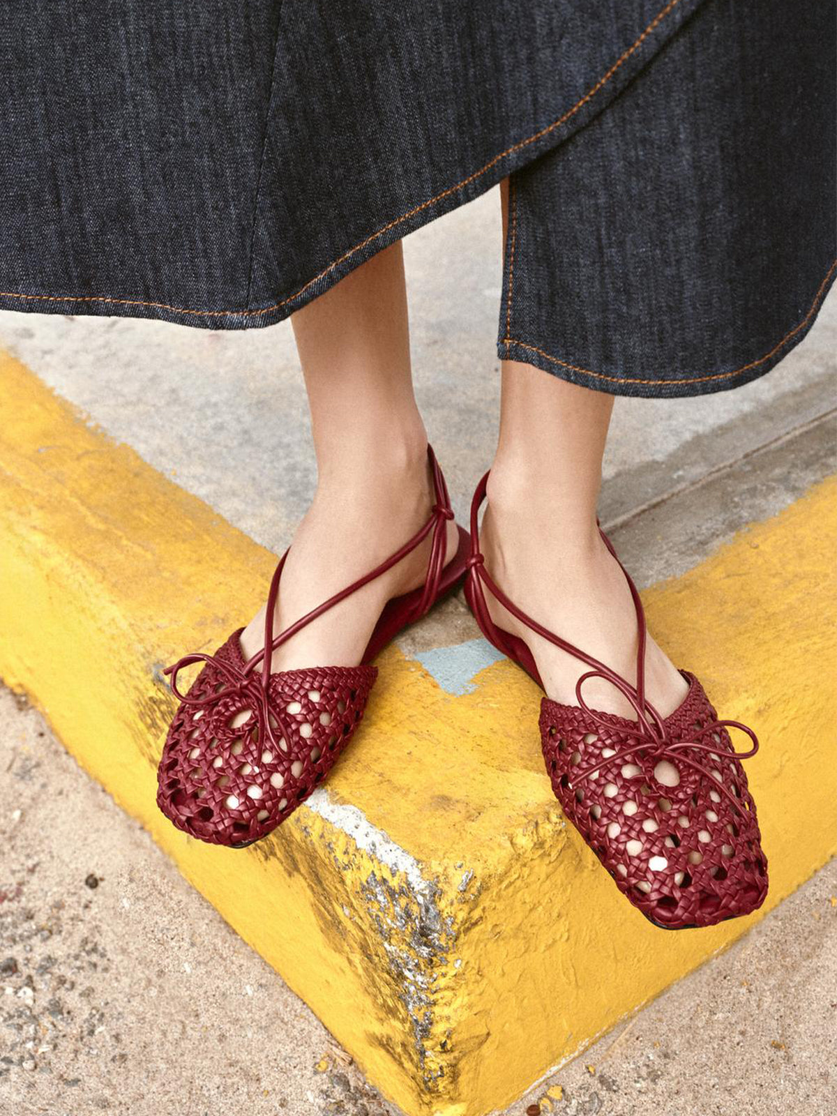 Red Woven Vegan Leather Square-Toe Front Bow Ankle Strap Flats