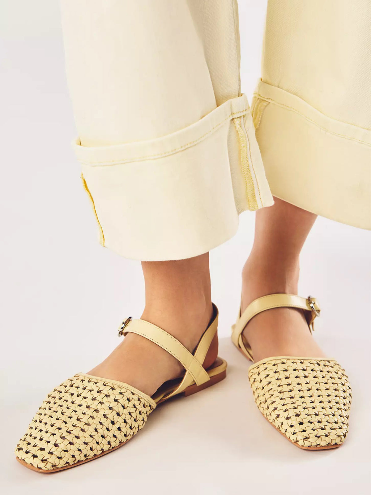 Light Yellow Vegan Leather Woven Square-Toe Ankle Strap Flats