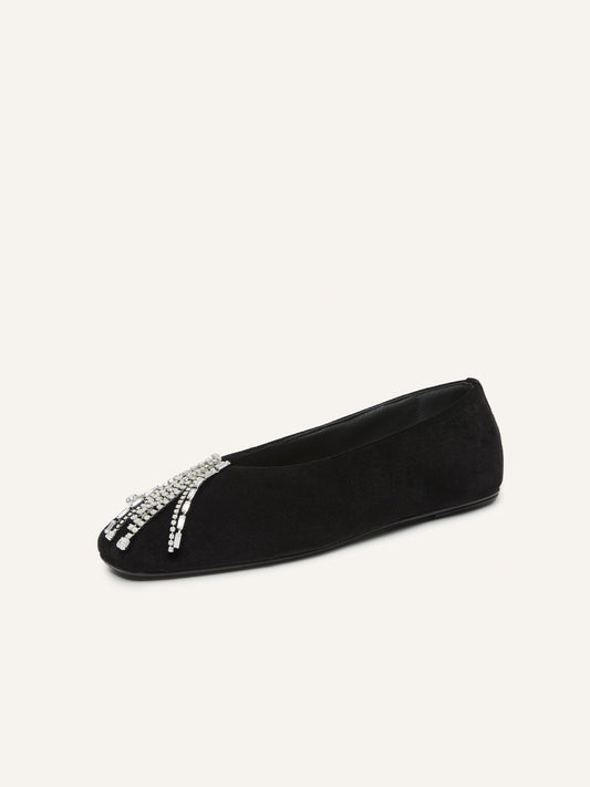 Black Satin Square-Toe Front Crystal Classic Ballet Flats