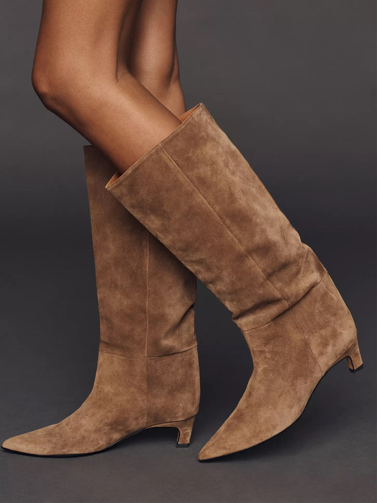 Wide Calf Pointed-Toe Simple Knee High Tall Stiletto Boots - Brown Faux Suede