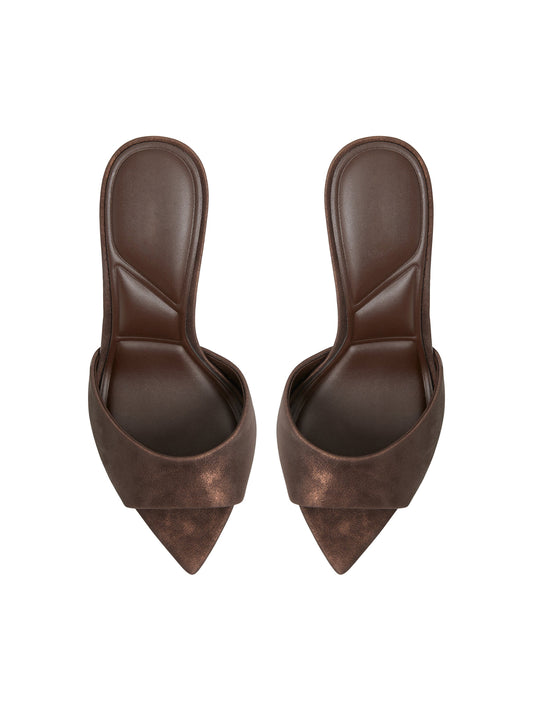 Metallic Dark Brown Open Pointed-Toe Slip-On Backless High Heels