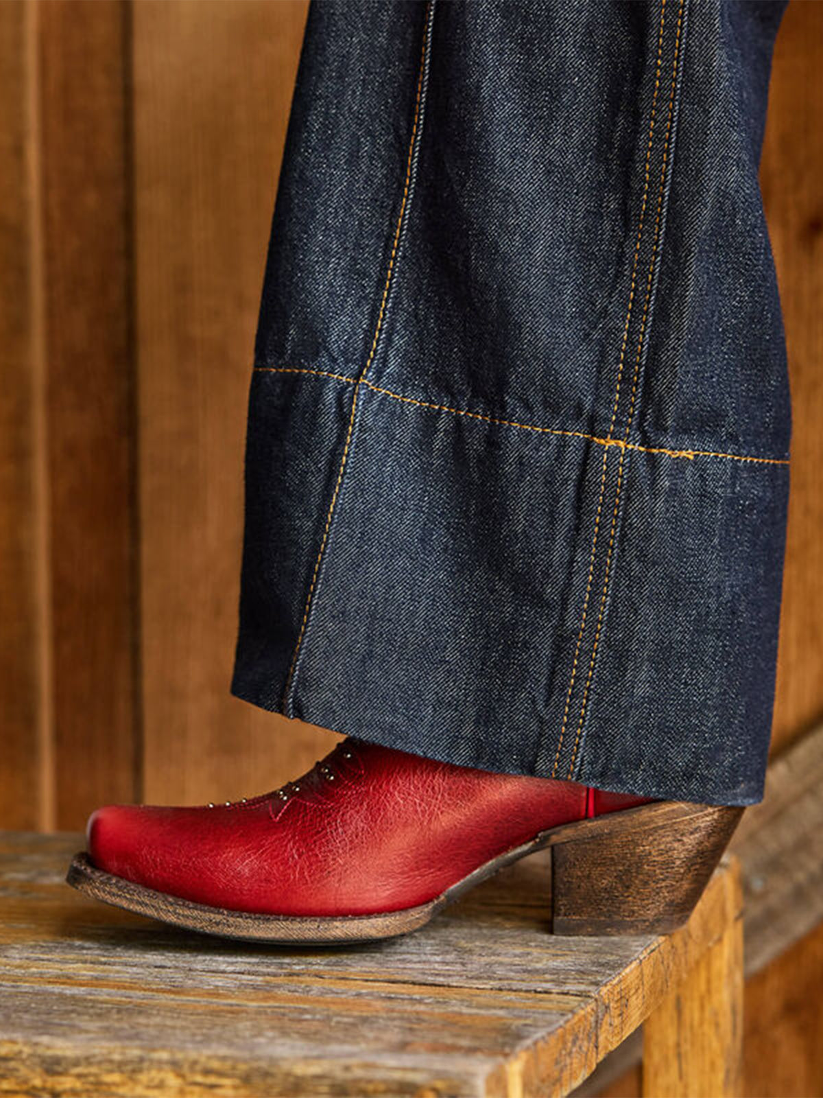 Dark Red Square-Toe Stitch And Studs Chic Mid Calf Cowgirl Boots