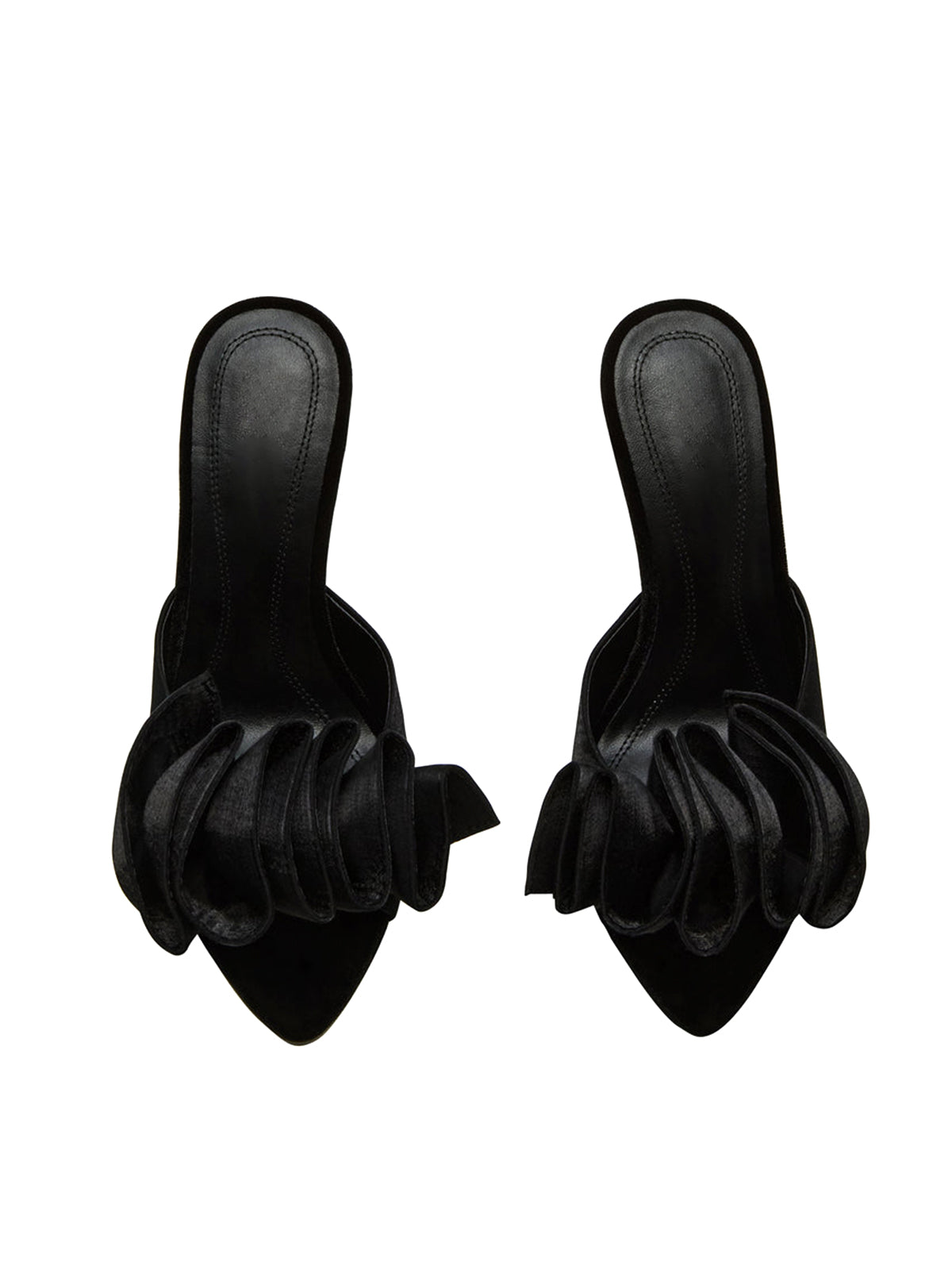 Pointed-Toe Slip-On Pearl Ruffle High Heels - Black Satin