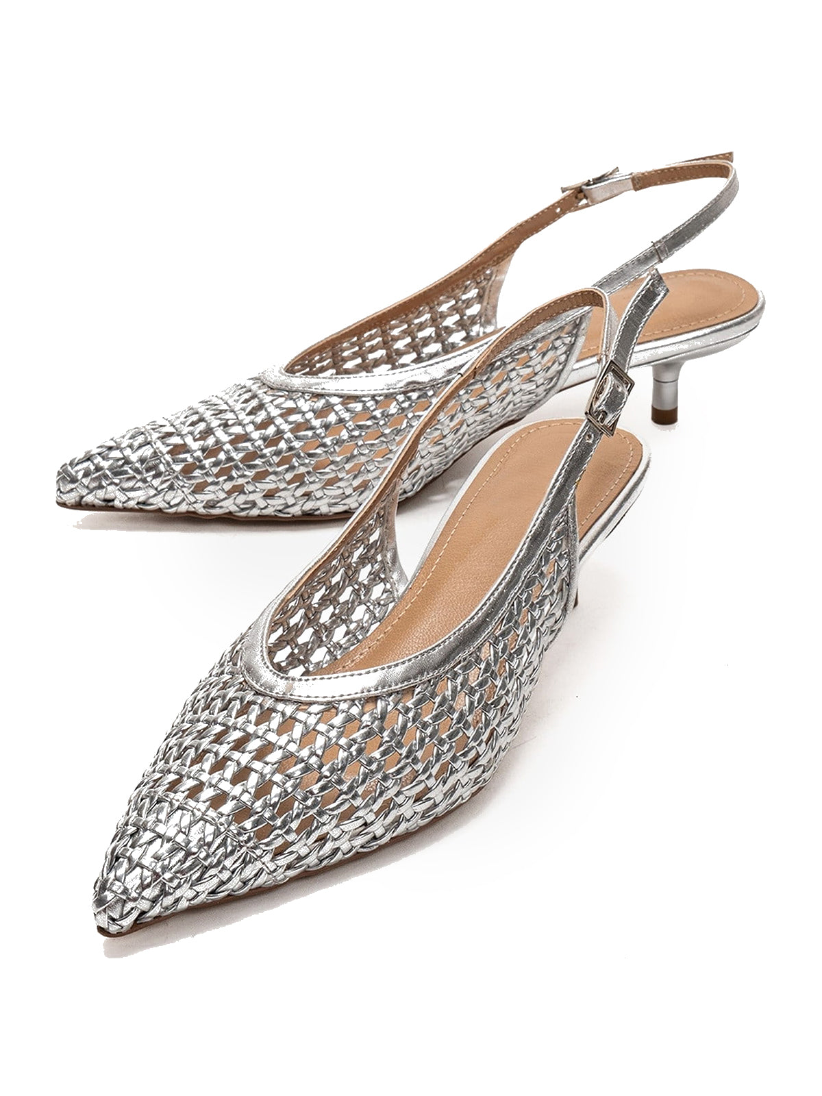 Metallic Silver Woven Vegan Leather Pointed-Toe Classic Back Strap Pumps Kitten Heels