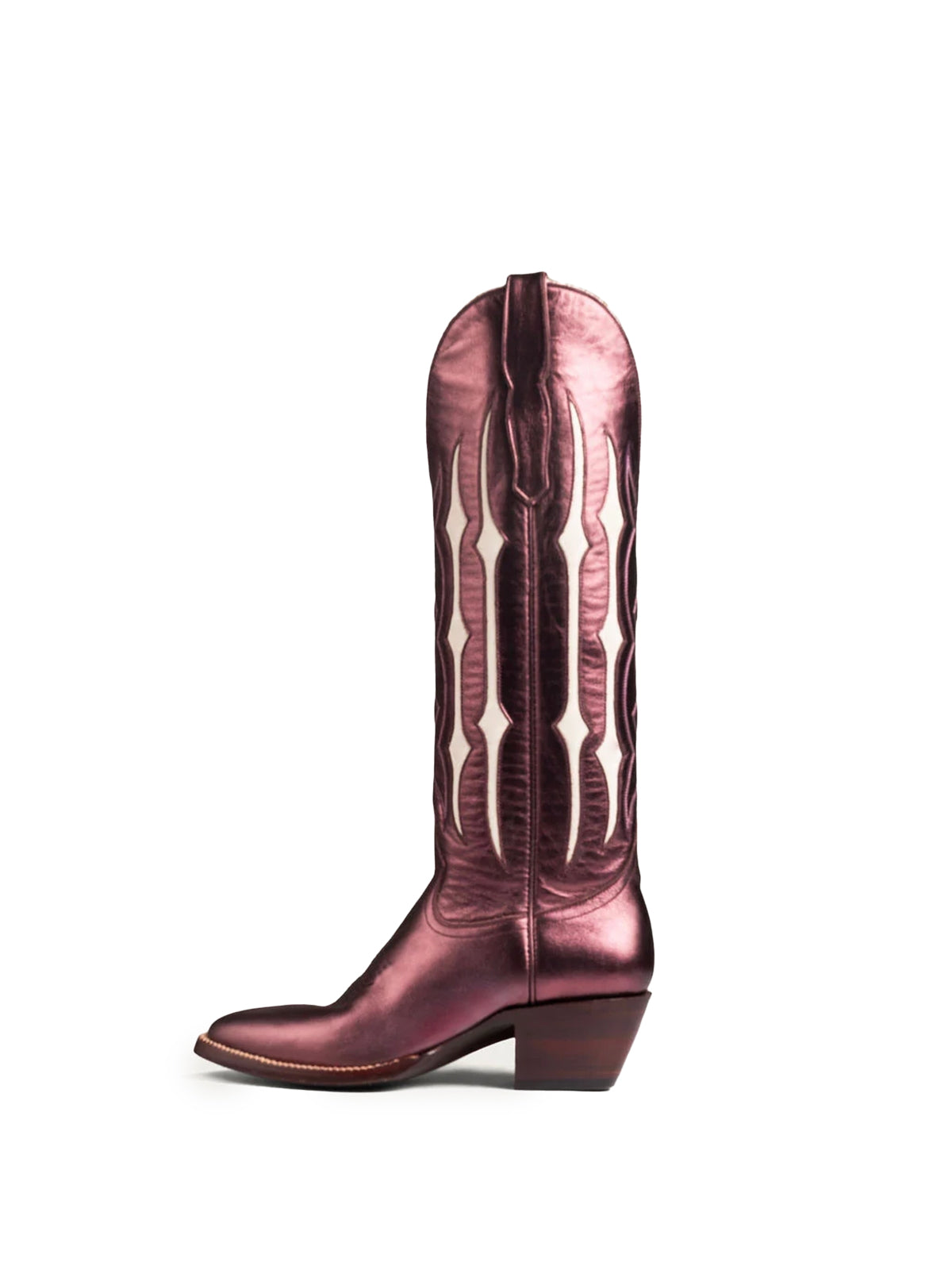 Metallic Wine Red Contrast Bone Inlay Stitch Almond-Toe Wide Knee High Western Cowgirl Boots