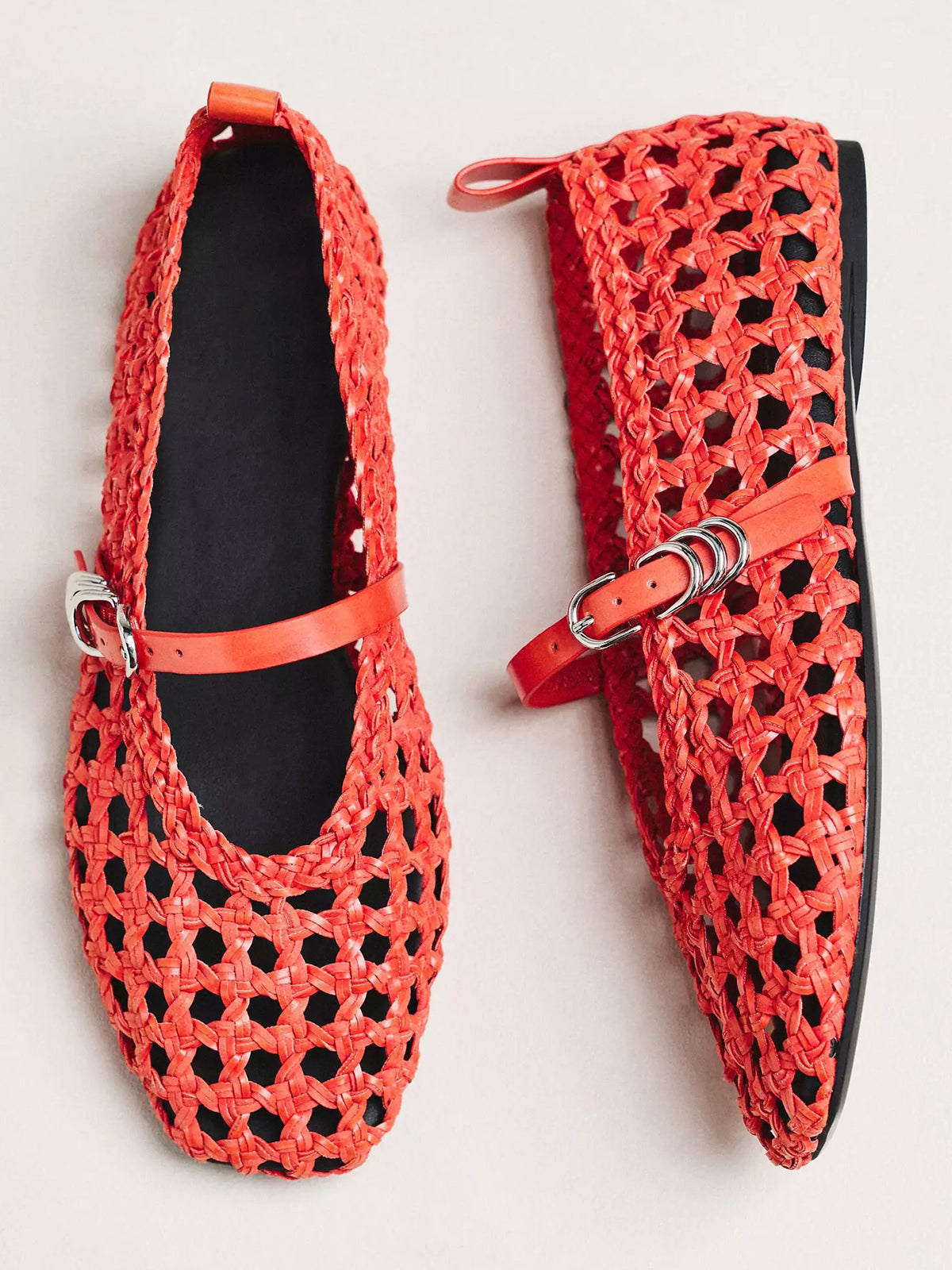 Red Woven Vegan Leather Square-Toe Chic Buckle Bridge Strap Ballet Flats