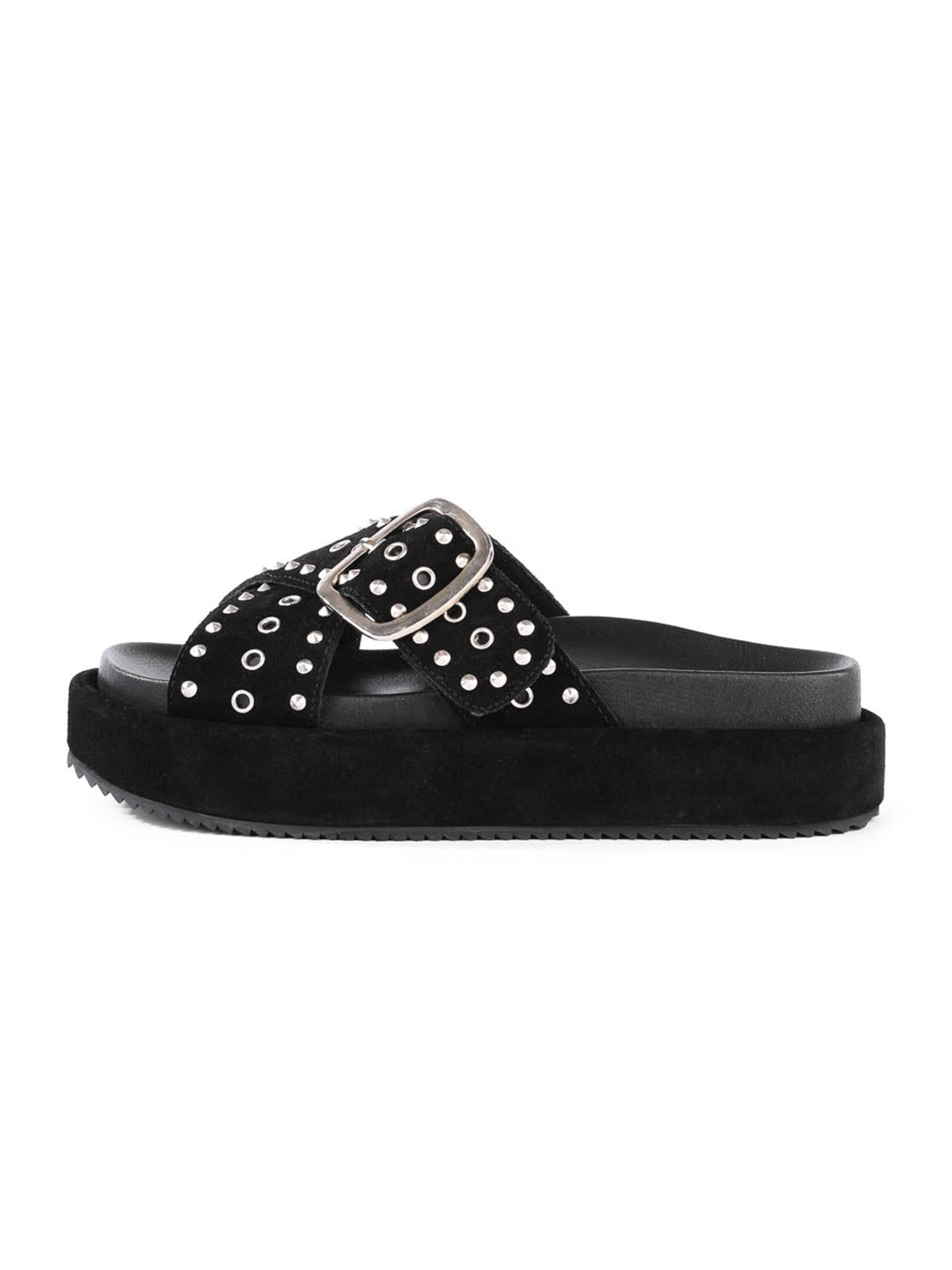 Black Faux Suede Round-Toe Crossed Straps With Eyelets And Rhinestones Sandals