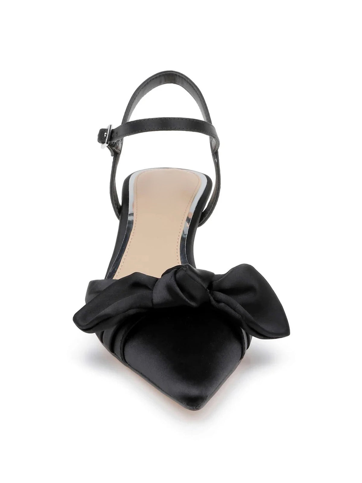 Black Satin Pointed-Toe Front Bow Crossed Slingback Chic Kitten Heels