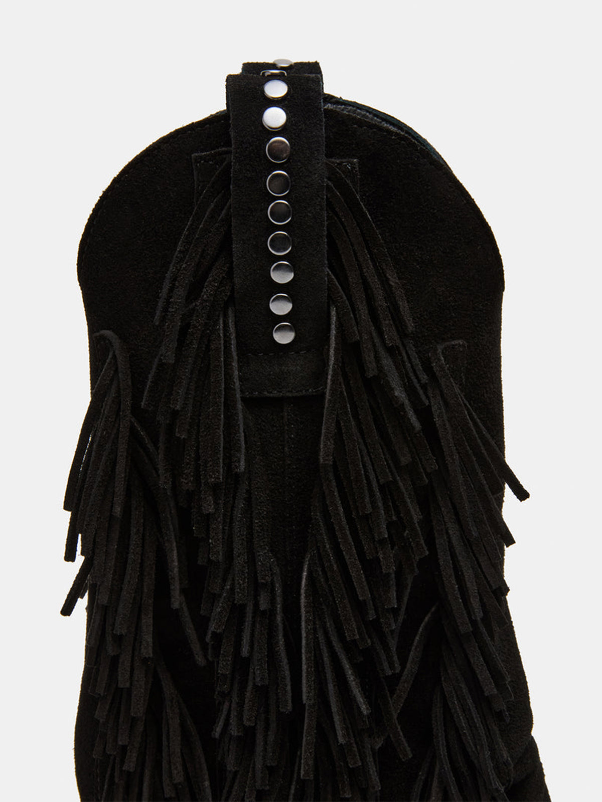 Black Faux Suede Pointed-Toe Full Fringe Fold-Over Mid Calf Cowgirl Boots