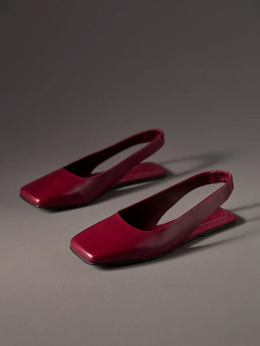 Wine Red Square-Toe Slingback Simple Flats