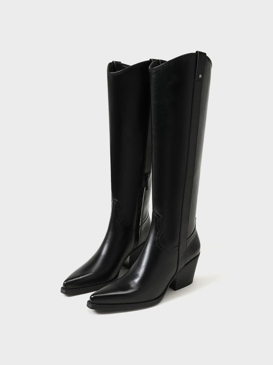 Pointed-Toe Chic Western Half-Zip Knee High Cowgirl Boots - Black