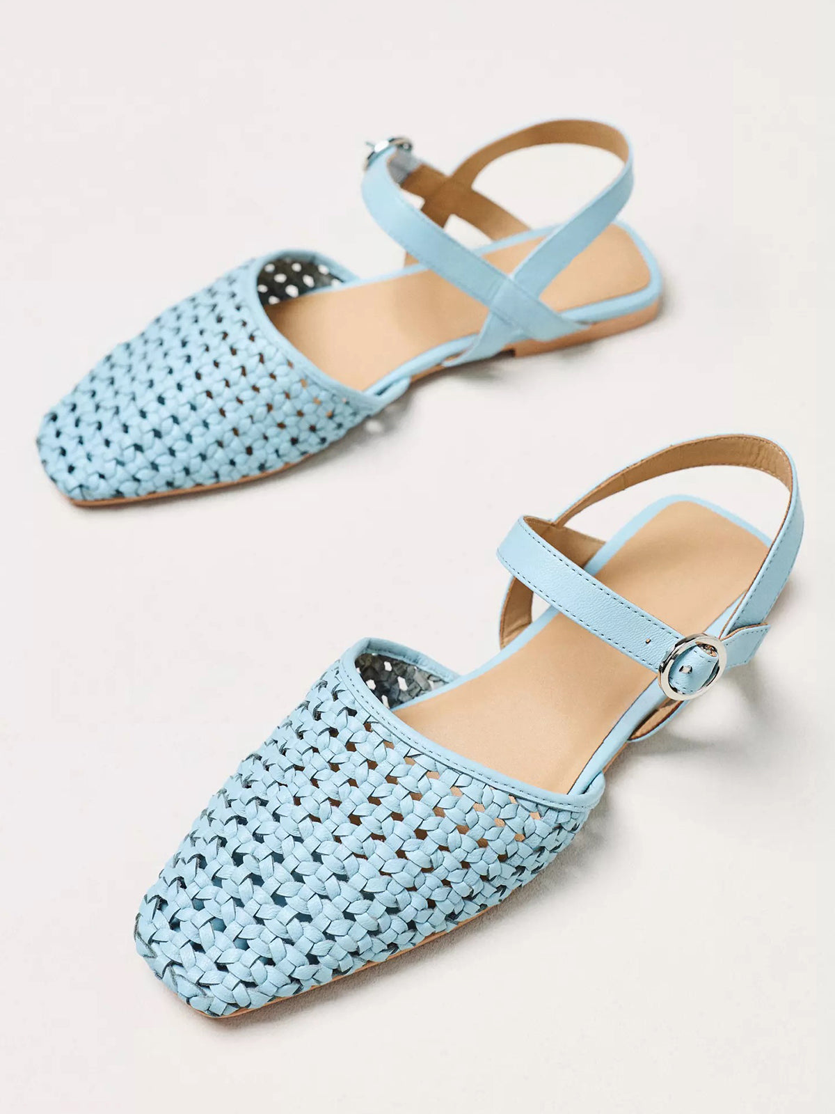Blue Vegan Leather Woven Square-Toe Ankle Strap Flats