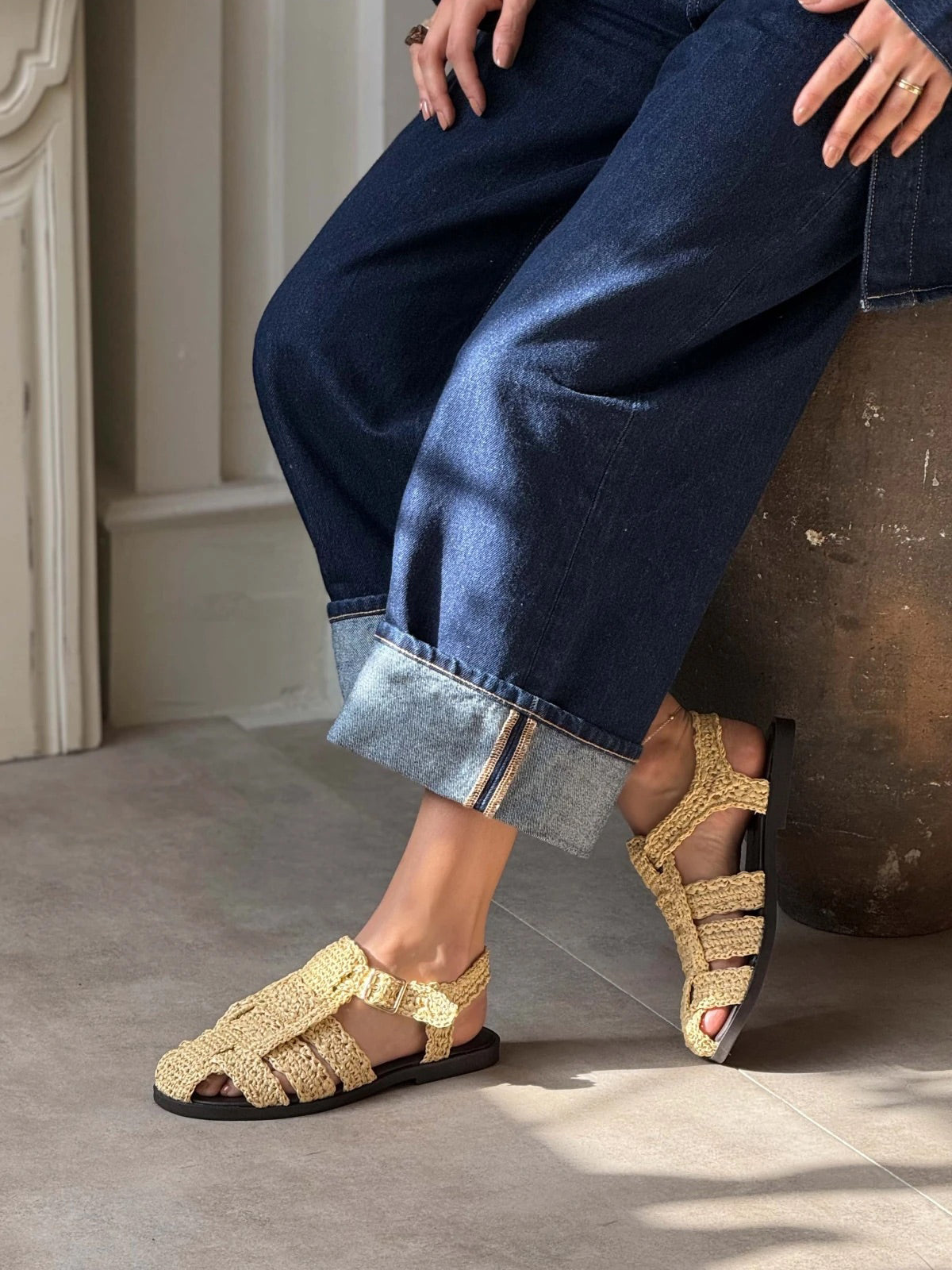 Beige Grass Woven Round-Toe Caged Detail Buckle Strap Flats