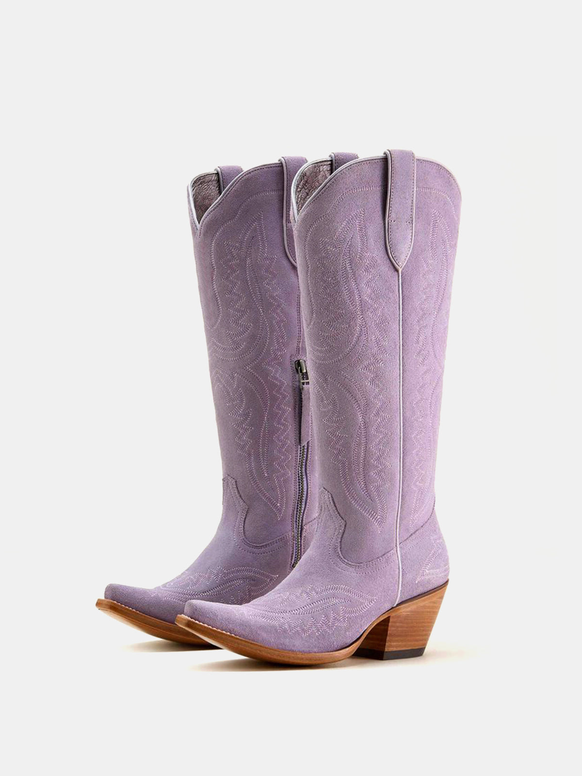 Western Embroidery Tall Snip-Toe Half-Zip Knee High Cowgirl Boots - Lavender Faux Suede