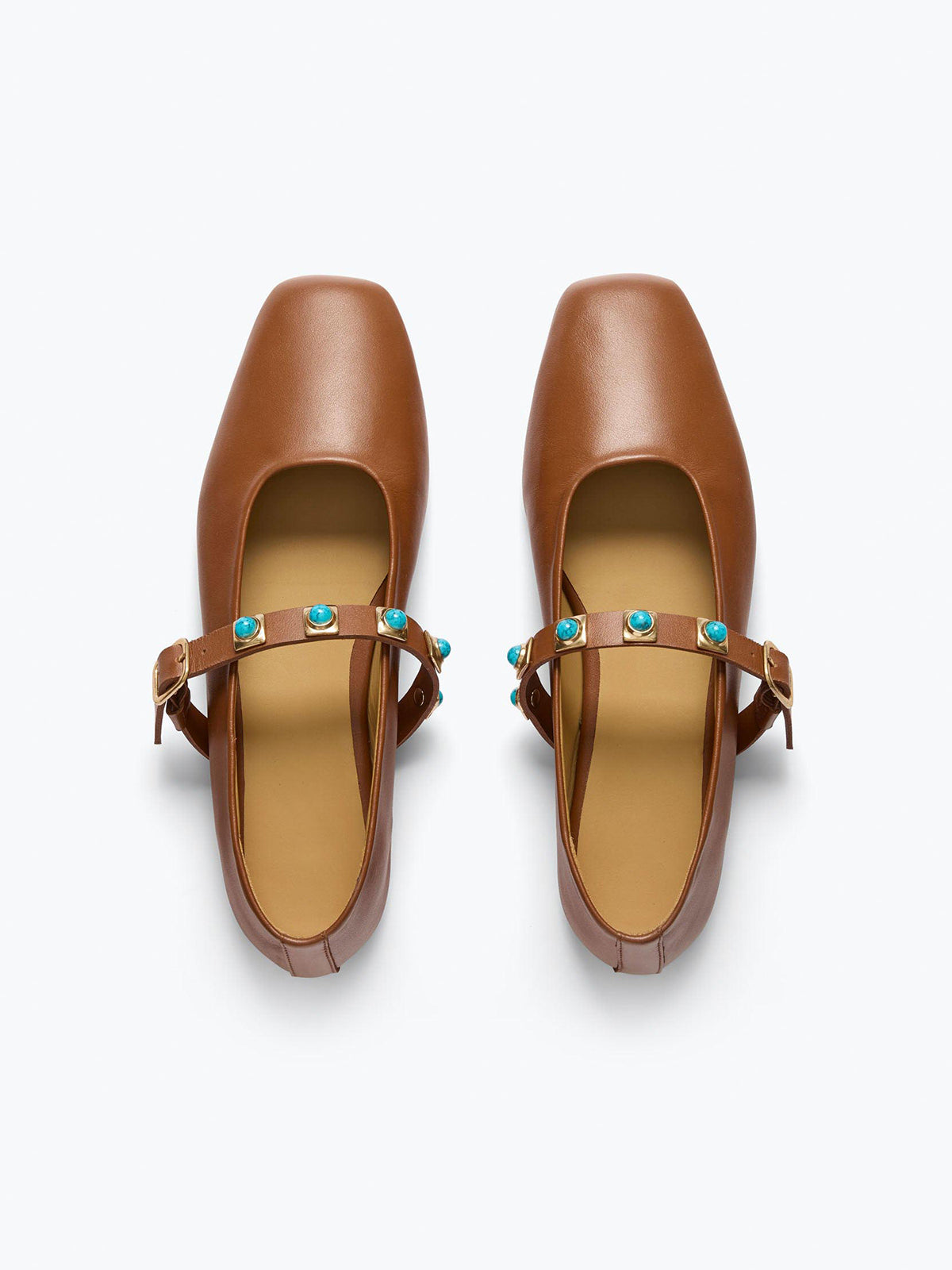 Brown Square-Toe Bridge Strap With Turquoise Stones Mary Jane Flats