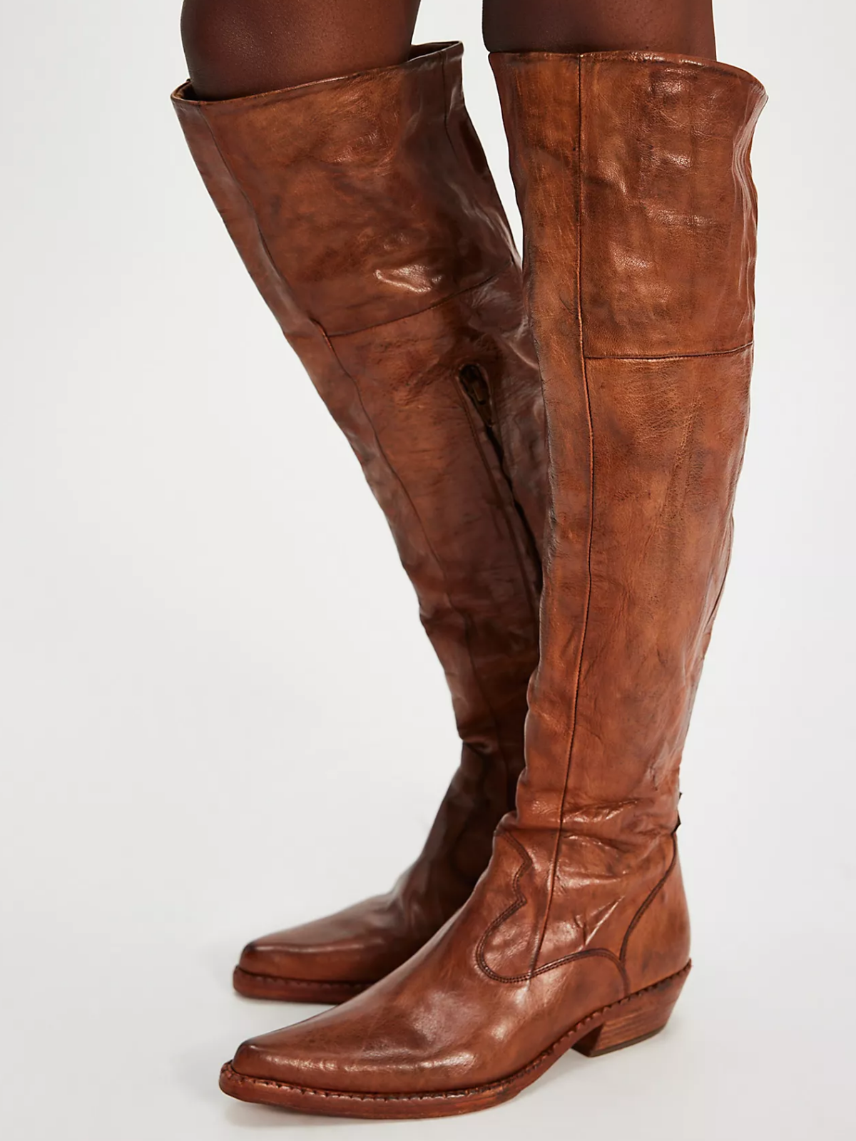 Cognac Pointed-Toe Stitch Half-Zip Over-The-Knee Tall Cowgirl Boots