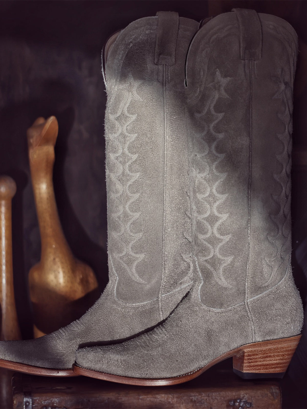 Gray Faux Suede Padded Embroidery Pointed-Toe Wide Mid Calf Tall Cowgirl Boots