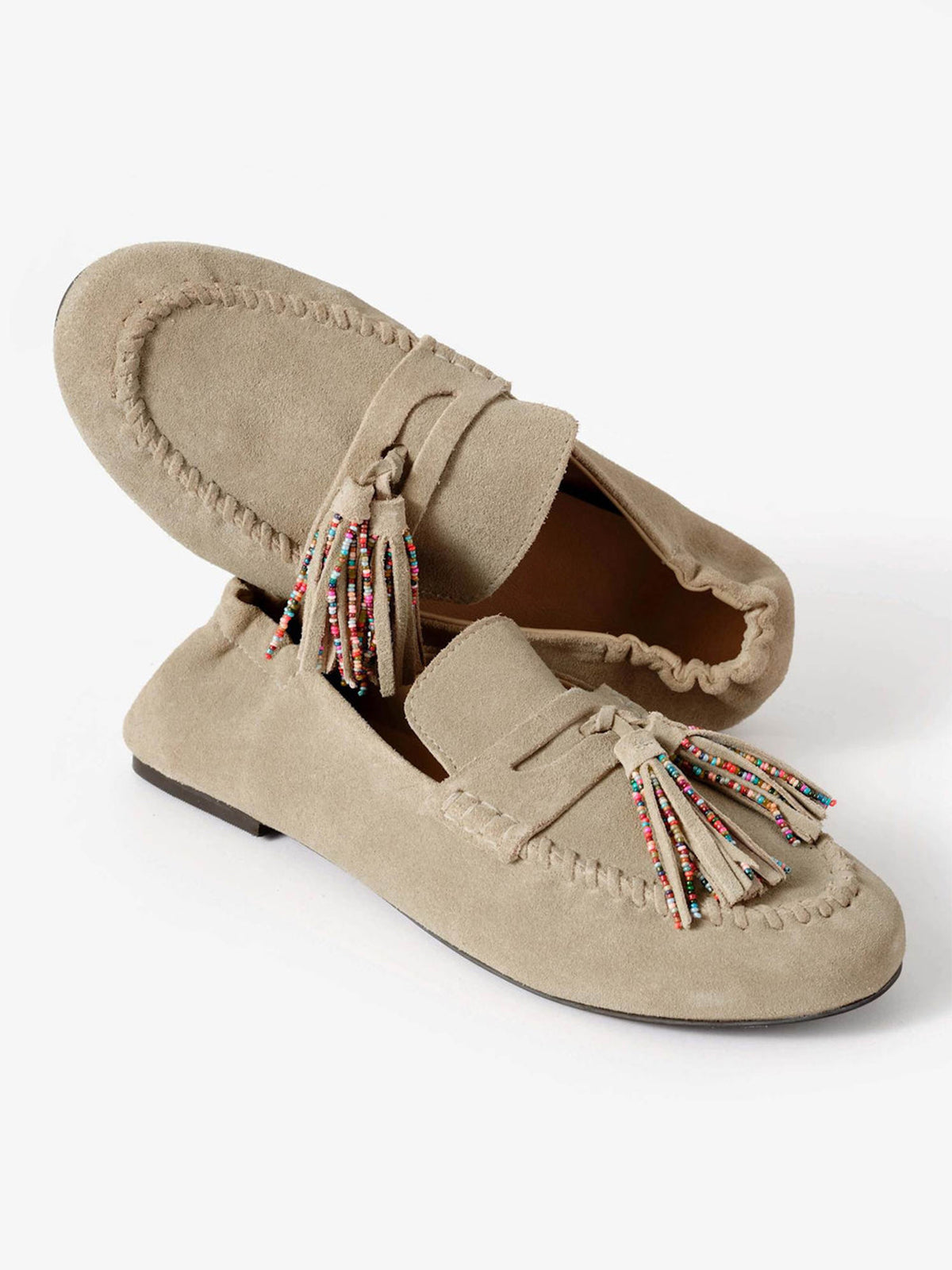 Taupe Cow Suede Round-Toe Front Fringe Chic Loafers Slip-On Flats