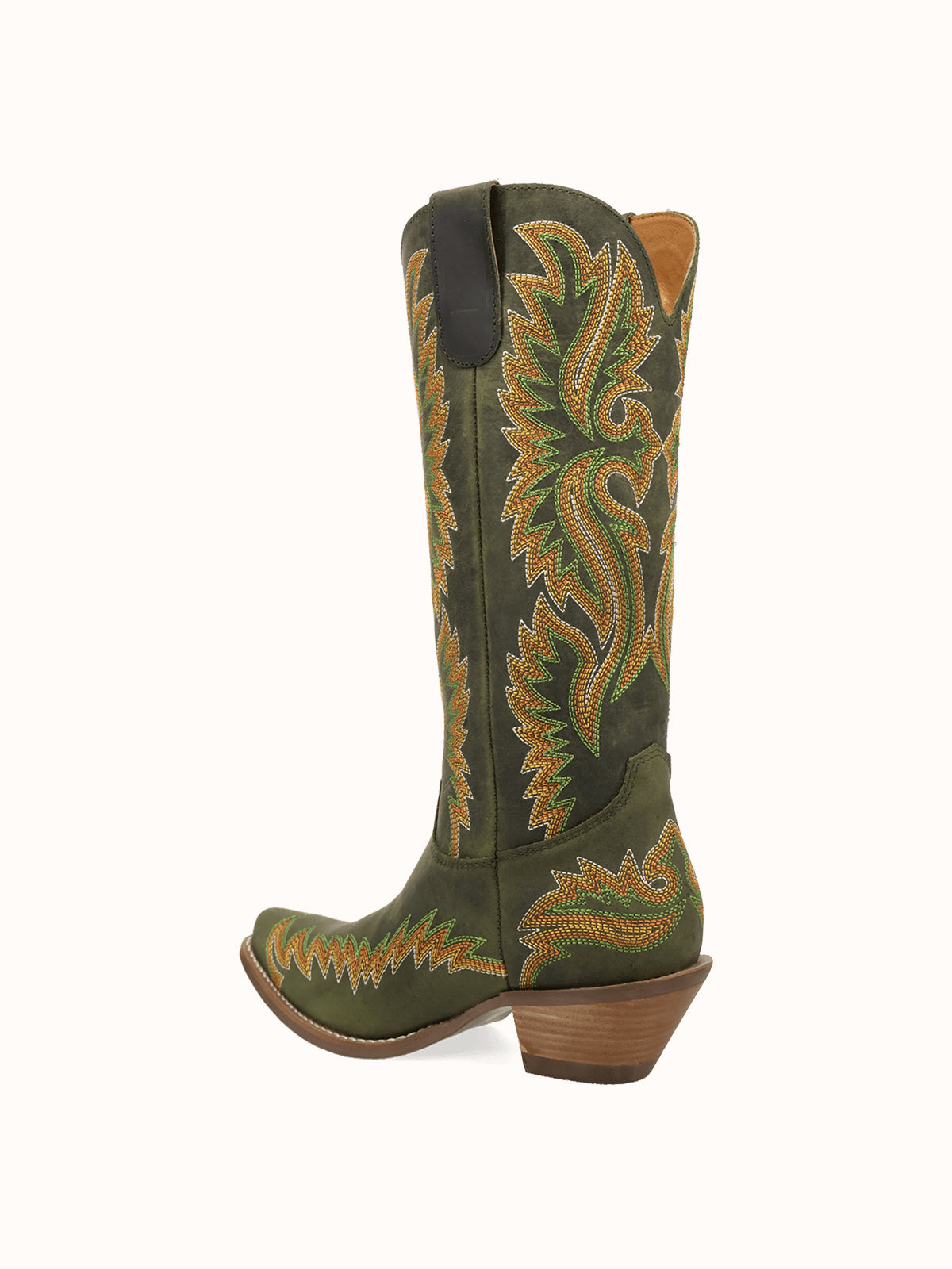 Olive Green Snip-Toe Chic Flame Embroidery Sleek Mid Calf Cowgirl Boots