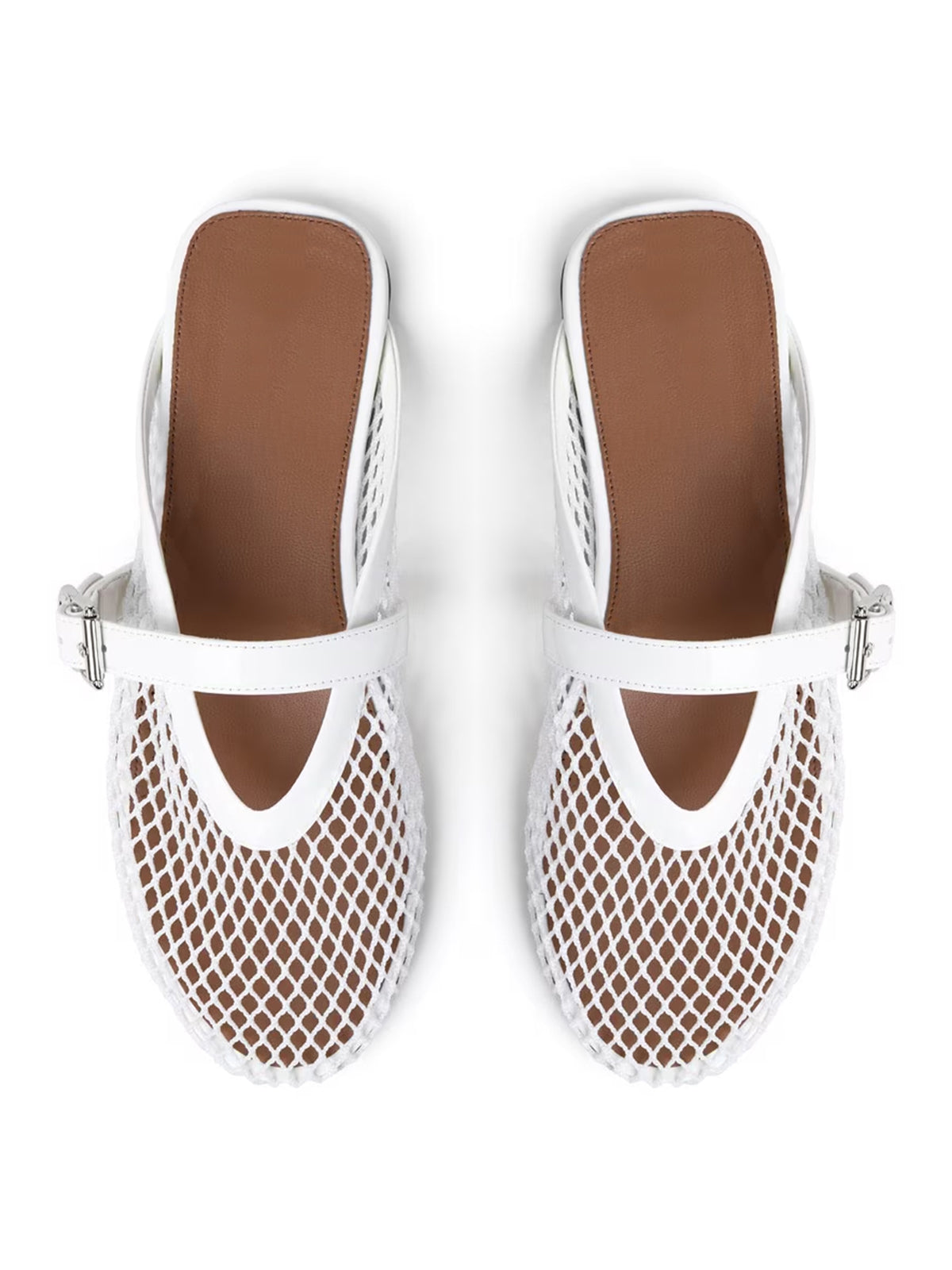 Patent White And Mesh Round-Toe Middle Strap Backless Flats
