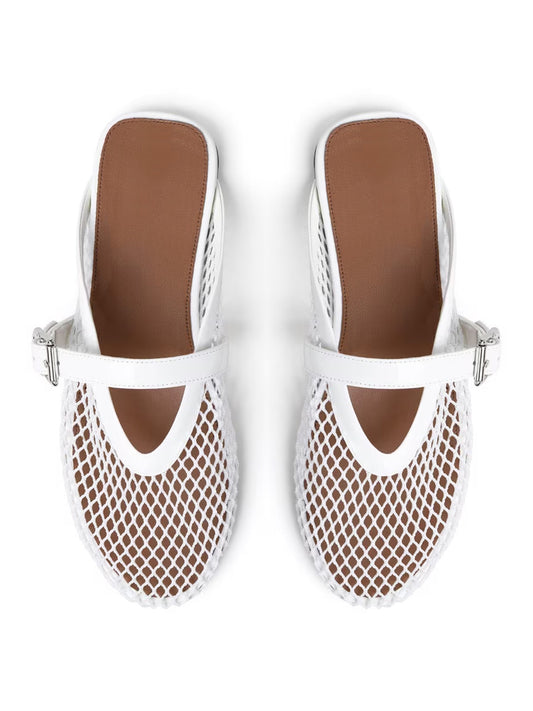 Patent White And Mesh Round-Toe Middle Strap Backless Flats