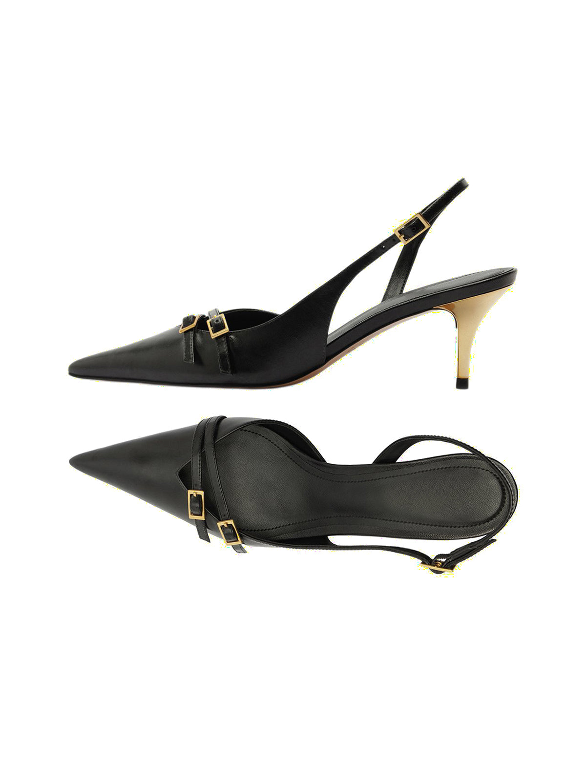 Black Pointed-Toe Front Double Buckle Straps Buckle Slingback Kitten Heels