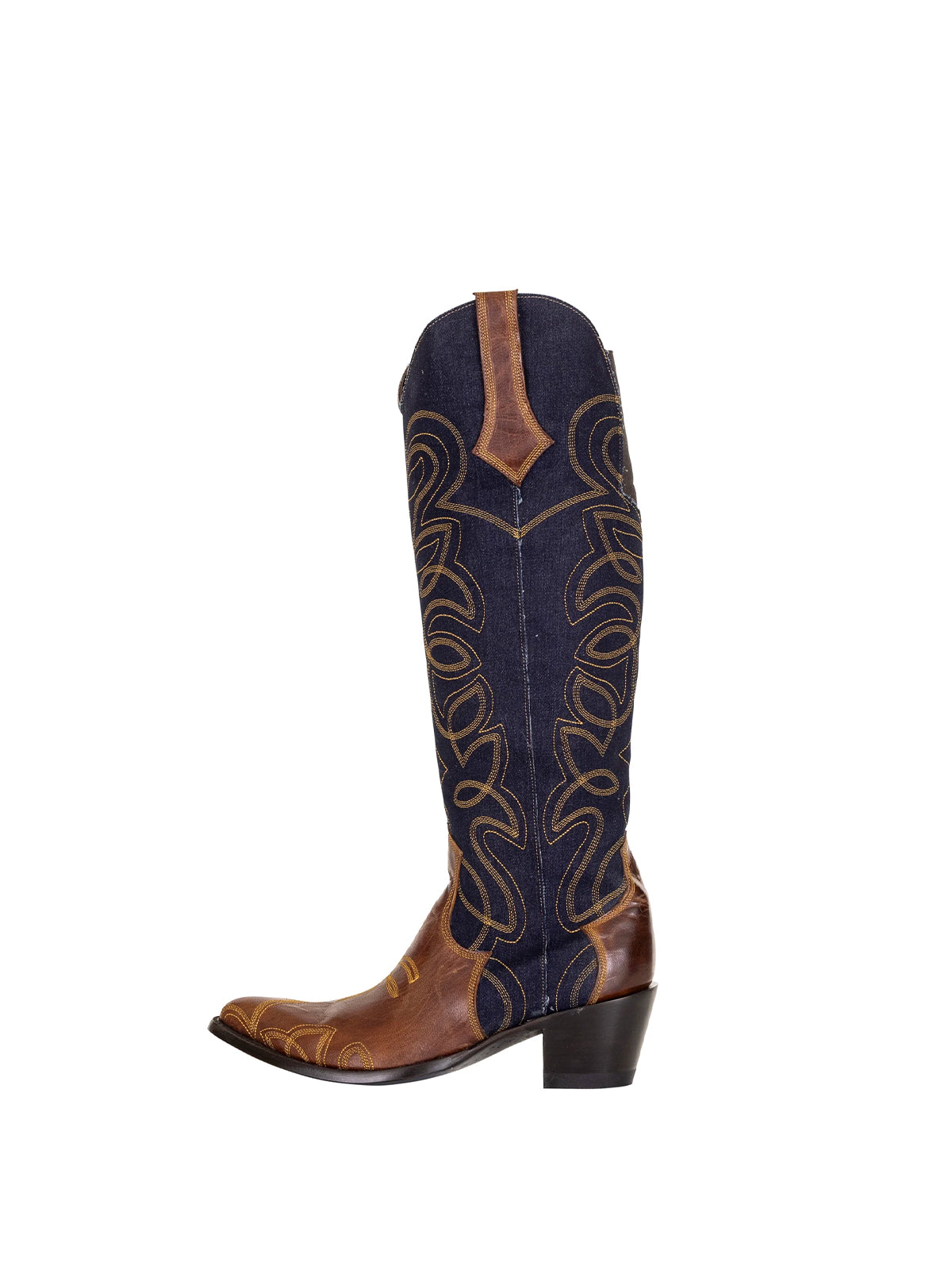 Blue Denim Contrast Vegan Leather Almond-Toe Embroidery Half-Zip Knee High Cowgirl Boots