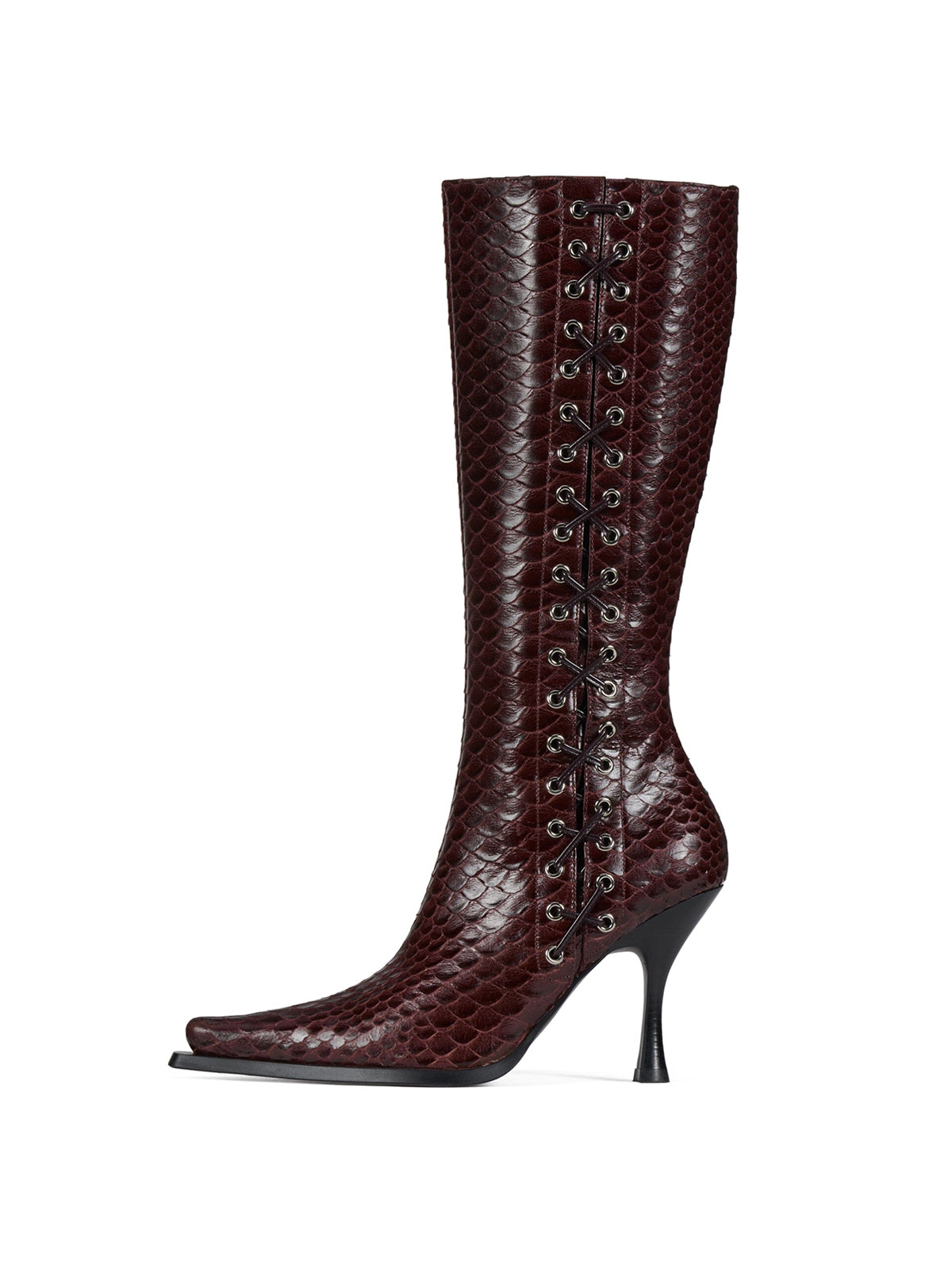 Purple Pointed-Toe Side Lace-Up And Full-Zip Wide Calf Knee High Stiletto Boots