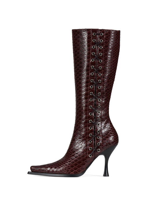 Purple Pointed-Toe Side Lace-Up And Full-Zip Wide Calf Knee High Stiletto Boots