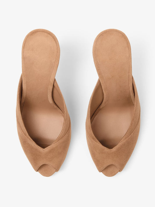 Sand Faux Suede Peep Round-Toe Slip-On Mules High Heels