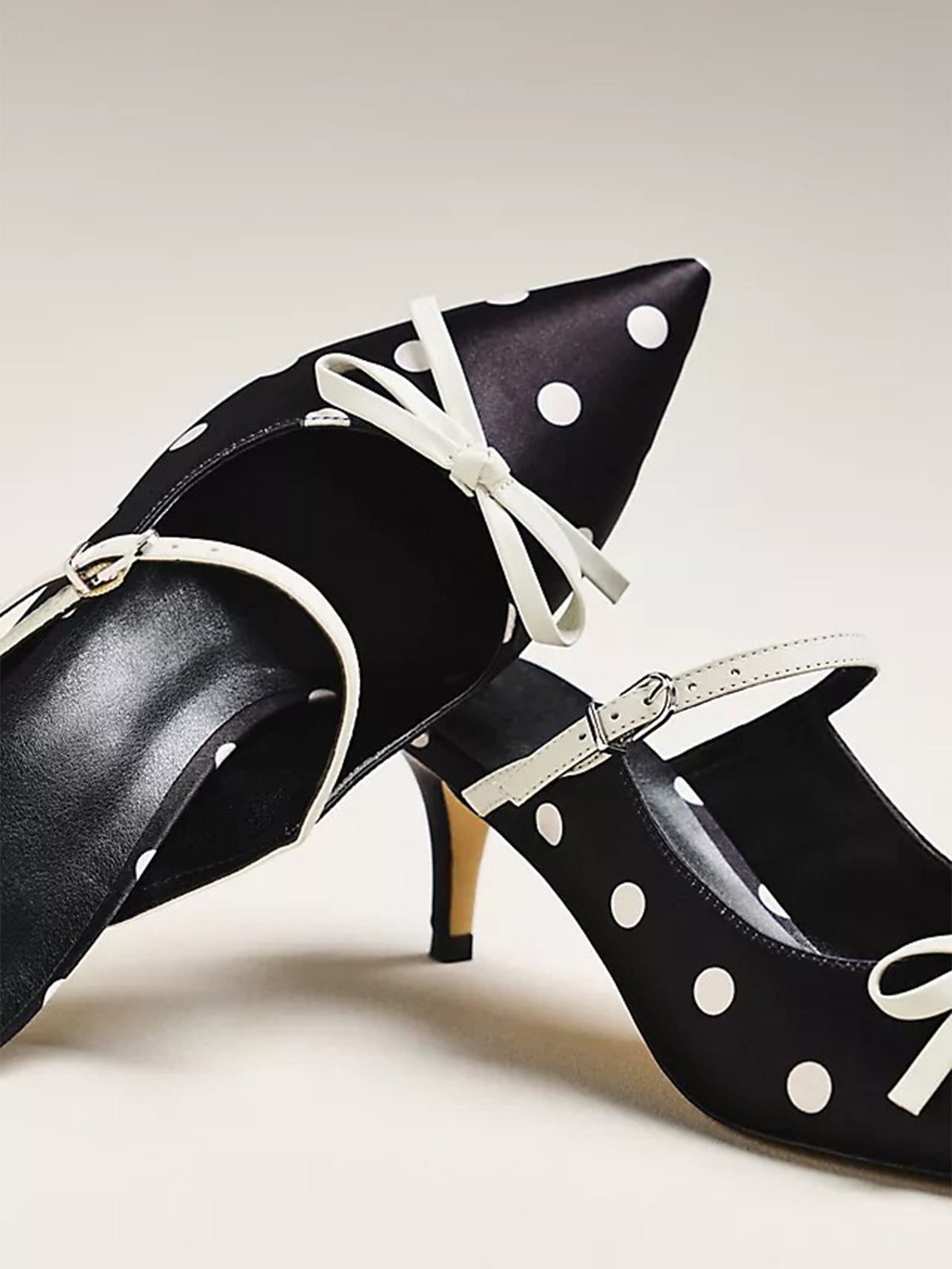 Black Polka Dot Satin Pointed-Toe Bridge Strap Kitten Heels With Bow