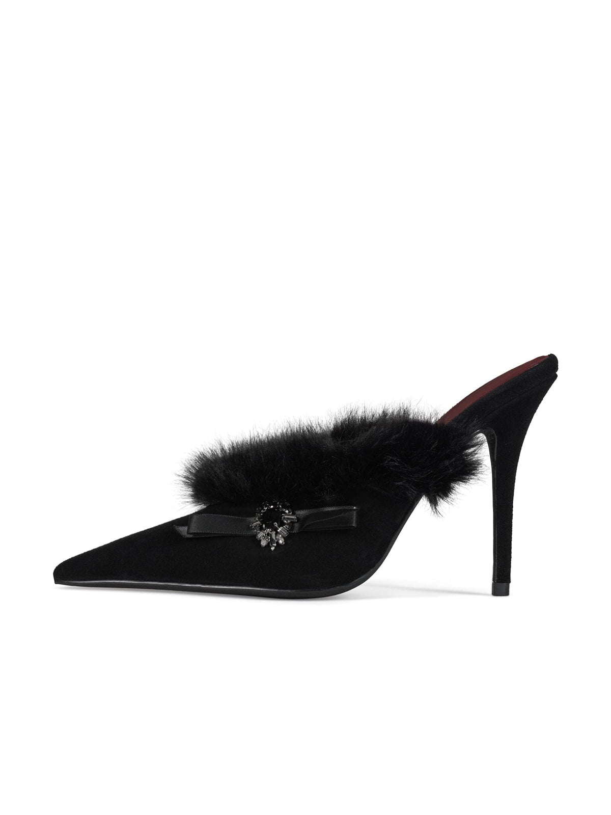 Black Faux Suede Pointed-Toe Plush Detail Backless High Heels