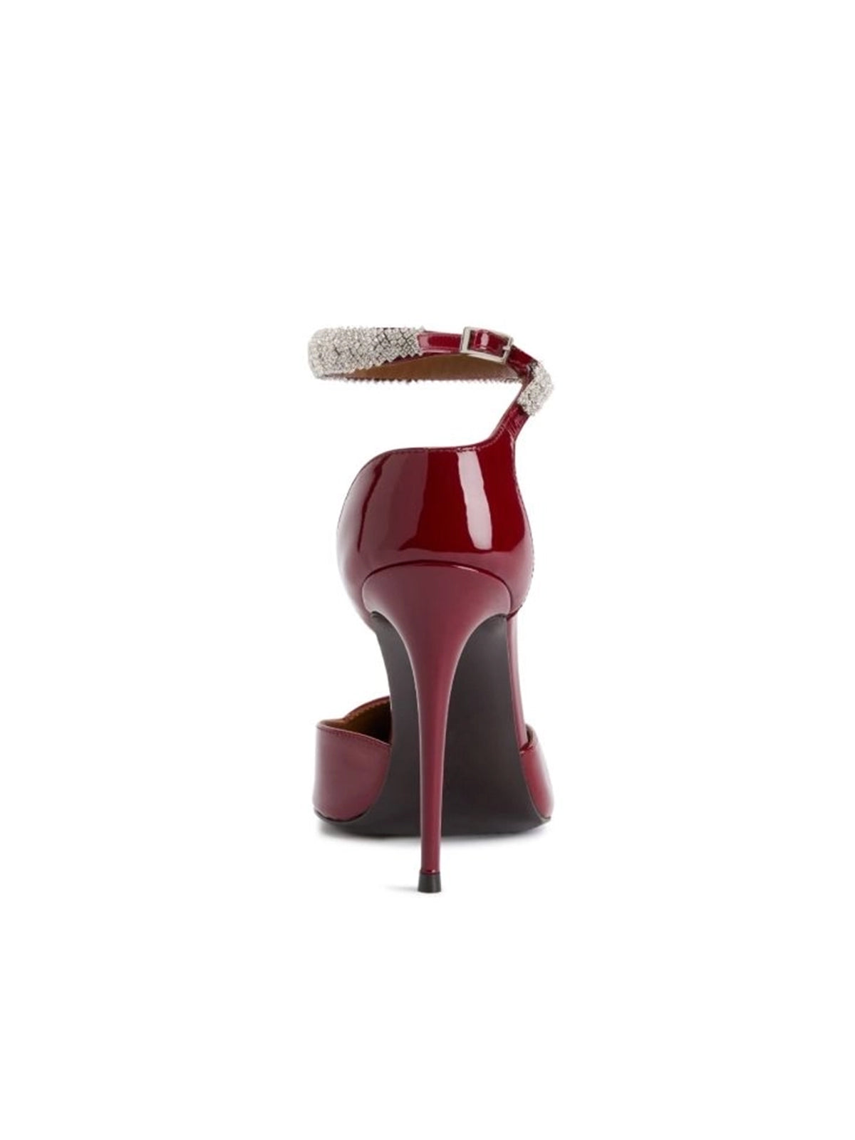 Patent Burgundy Pointed-Toe Ankle Strap With Rhinestones High Heels Pumps