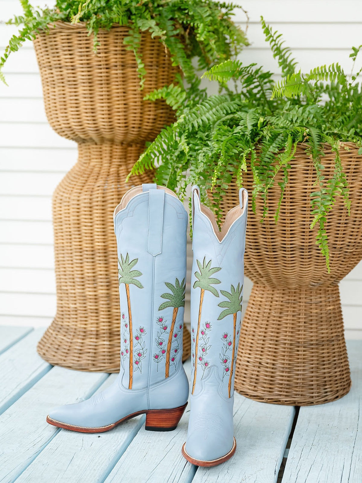 Powder Blue Almond-Toe Palm And Flowers Inlay Wide Calf Tall Knee High Cowgirl Boots